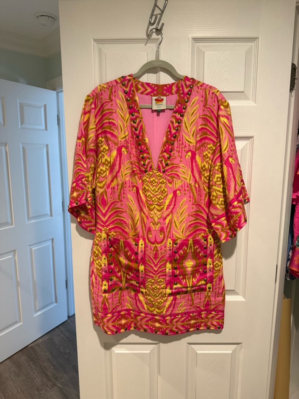 FARM Rio Pink and Yellow Embellished V-Neck Tunic